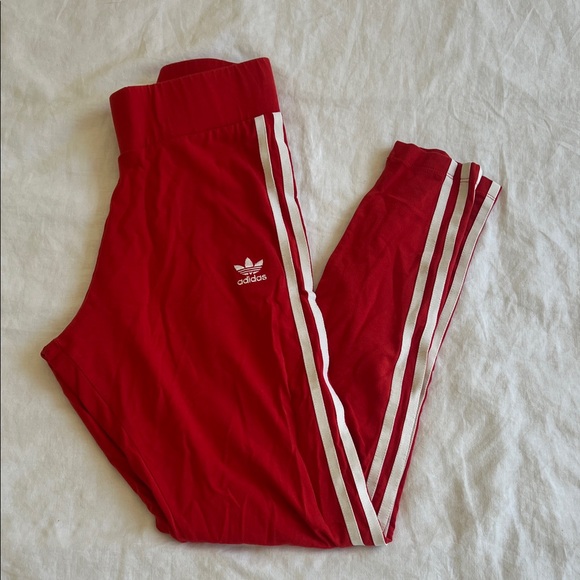 Adidas Women’s Red Leggings with White Side Stripes - Picture 3 of 3